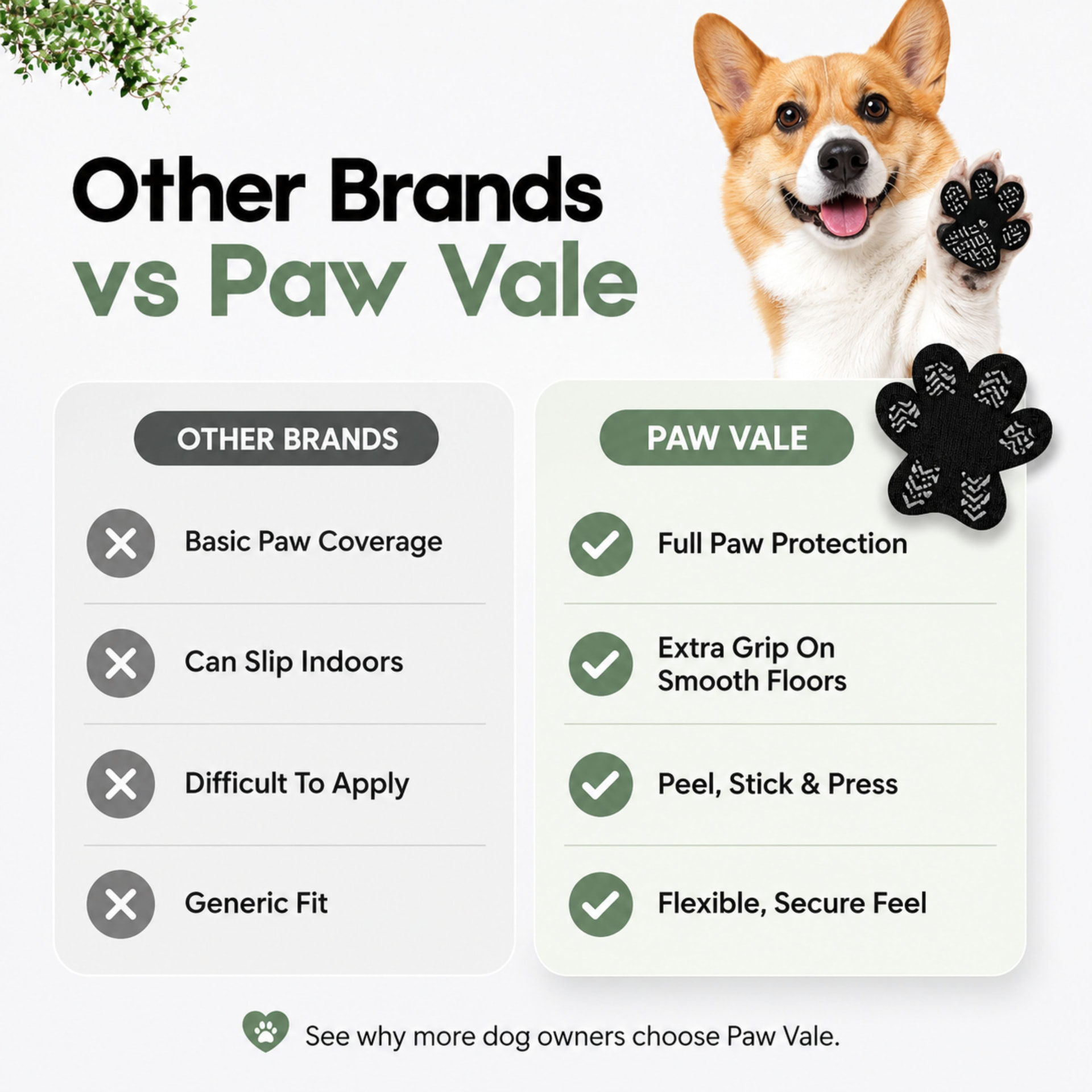 Other brands versus Paw Vale comparison: full paw protection, extra grip, peel stick and press, flexible secure feel