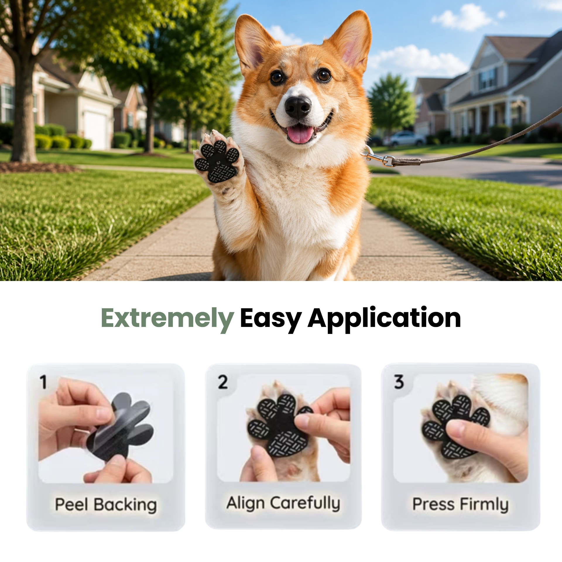 Extremely easy application: peel backing, align carefully, press firmly, with a corgi raising a padded paw