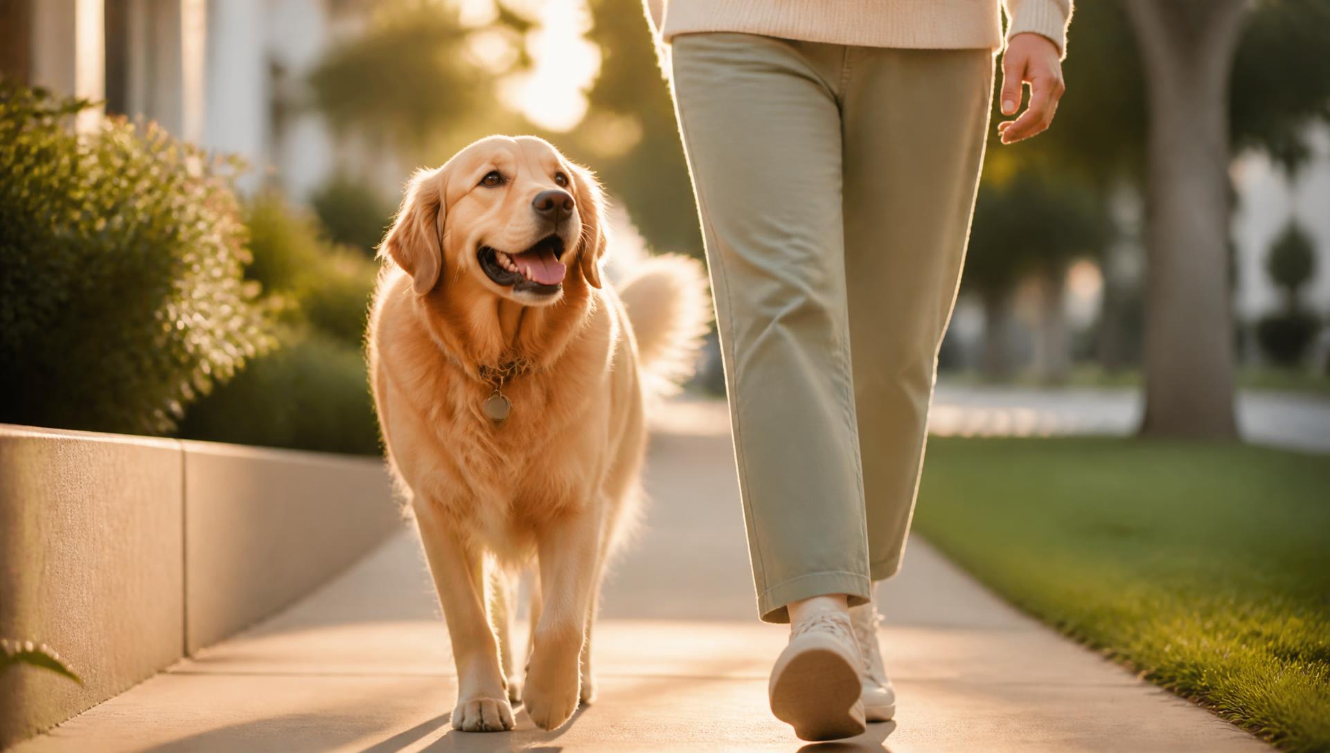 A golden retriever walking on a sunlit sidewalk beside its owner